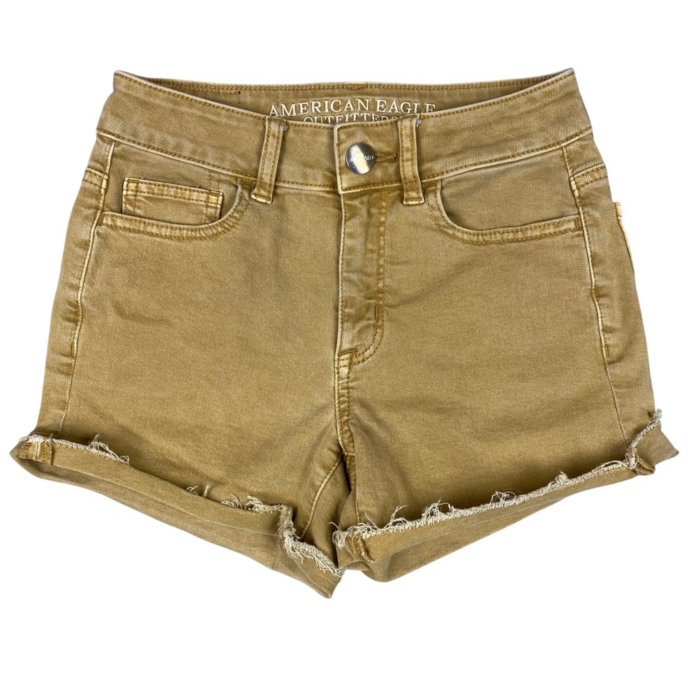 American Eagle Super Stretch Hi-Rise Shortie Raw Hem Denim Shorts Womens 0 Tan
